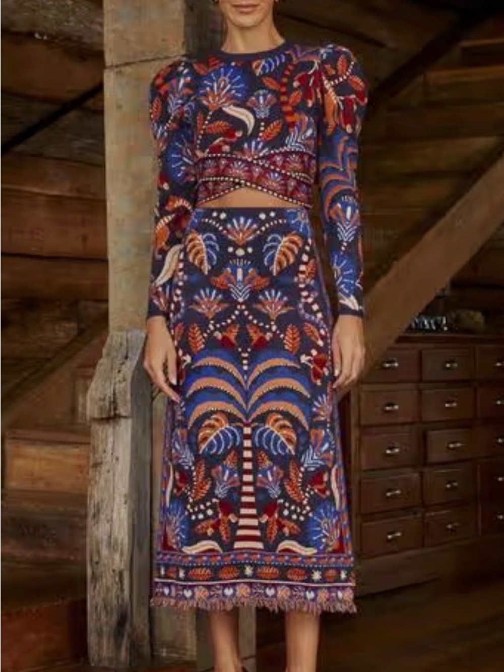 NEW! FARM Rio Blue Palm-Print Knit Pencil Skirt with Orange and Red Accents
